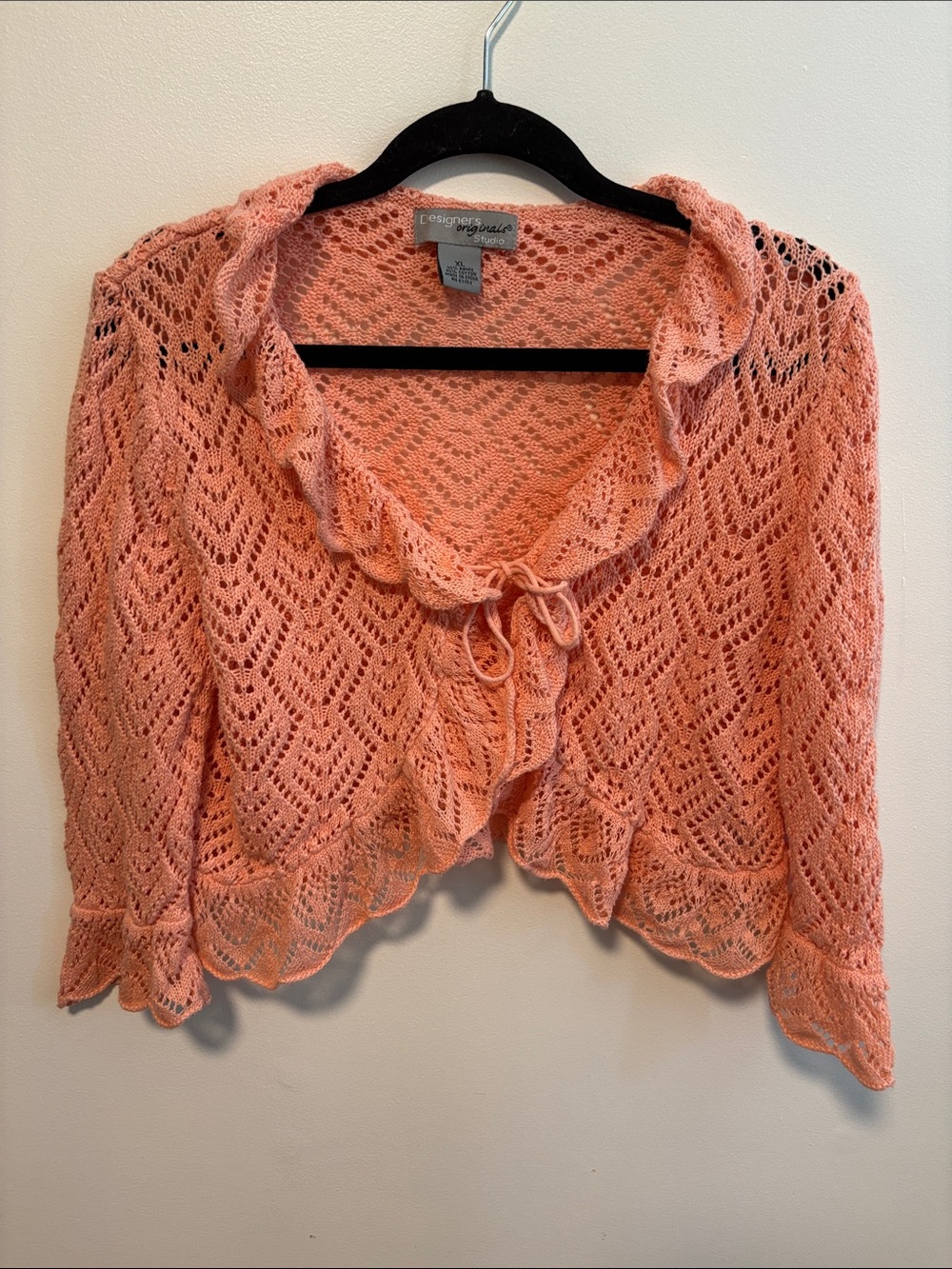 Studio Coral Peach Openwork Ruffle Tie-Front Cardigan Shrug